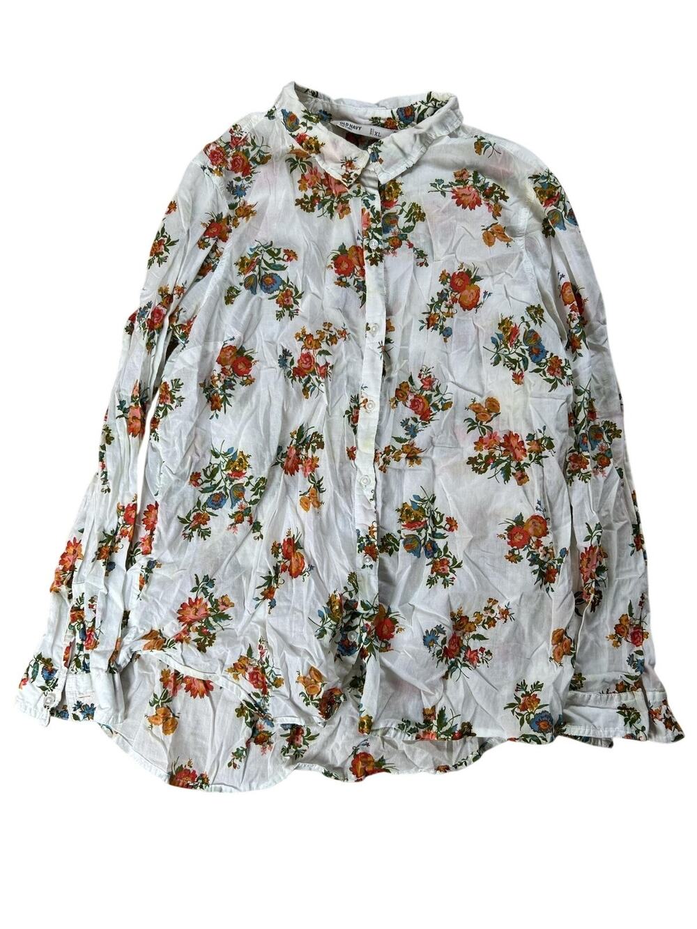 Old Navy Tunic Womens XL White Floral Button-Up Collared Long Sleeve Cotton